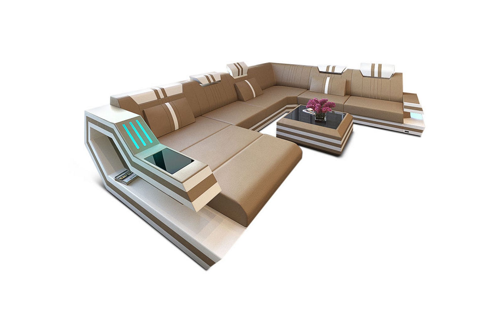 Ledersofa Wohnlandschaft Ravenna XL mit LED sandbeige-weiß