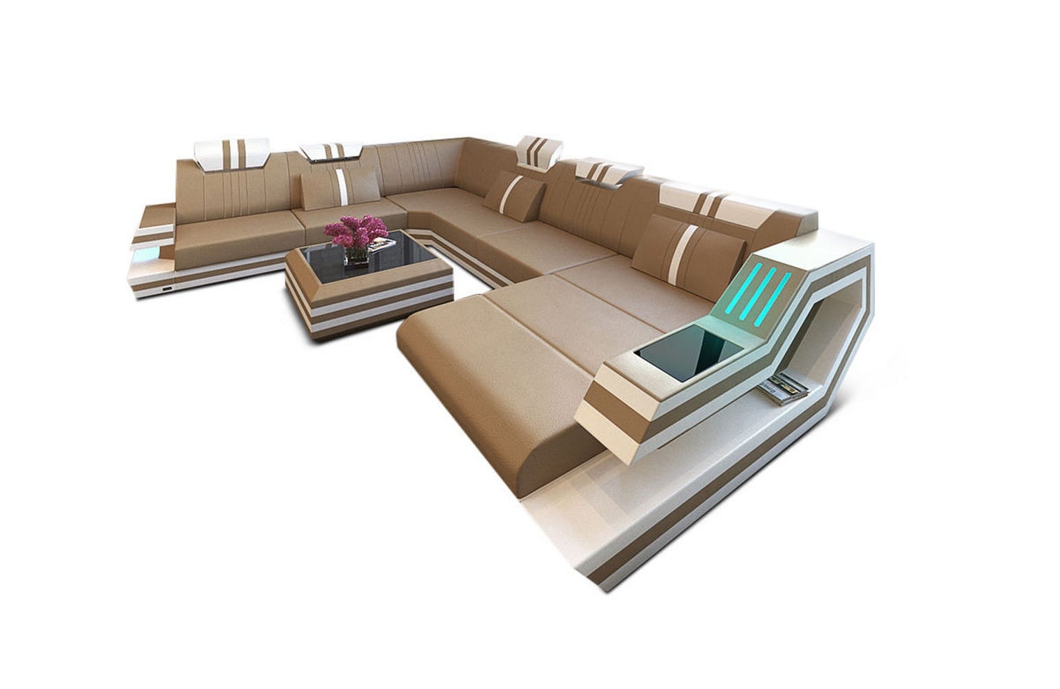 Ledersofa Wohnlandschaft Ravenna XL mit LED sandbeige-weiß