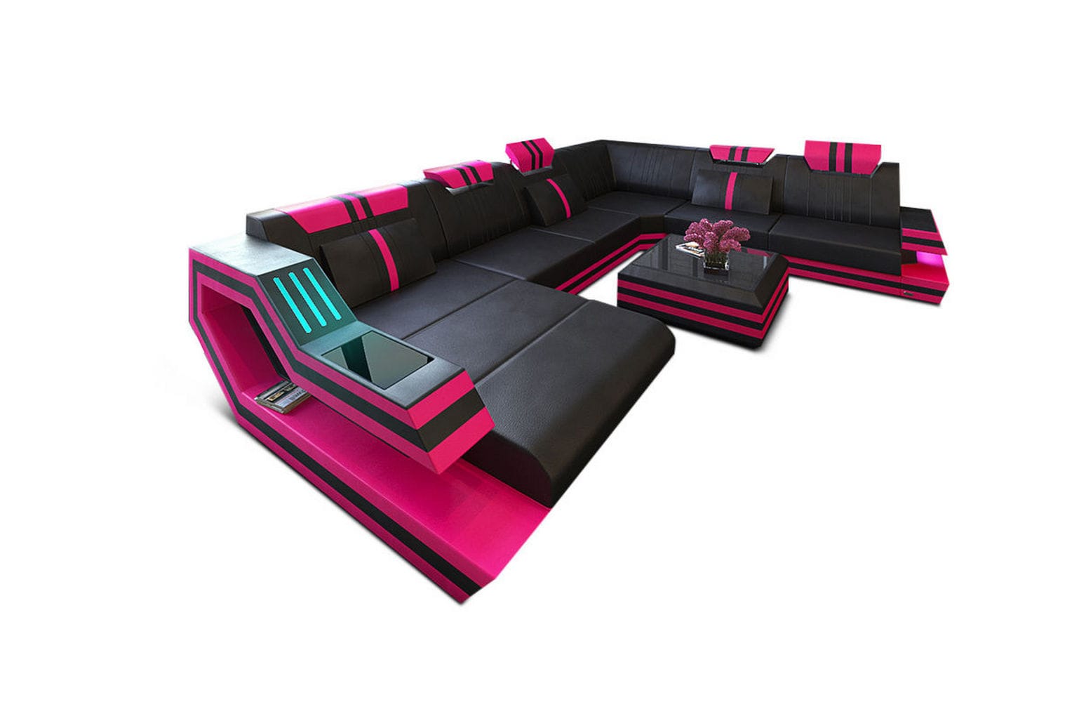 Ledersofa Wohnlandschaft Ravenna XL mit LED schwarz-pink