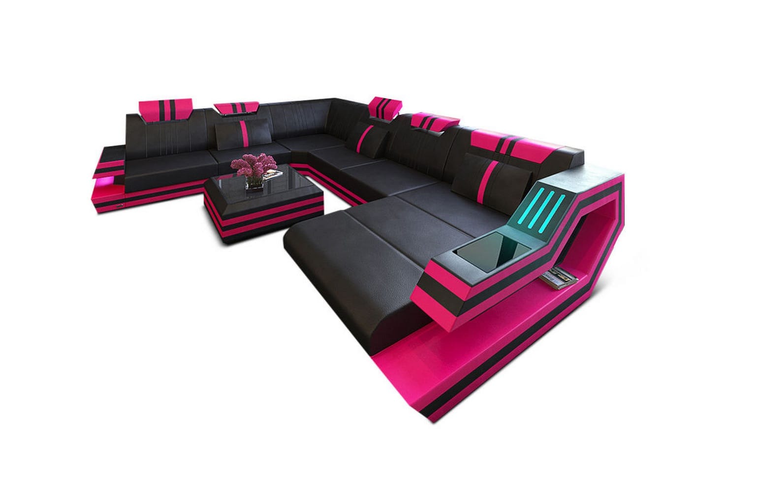 Ledersofa Wohnlandschaft Ravenna XL mit LED schwarz-pink