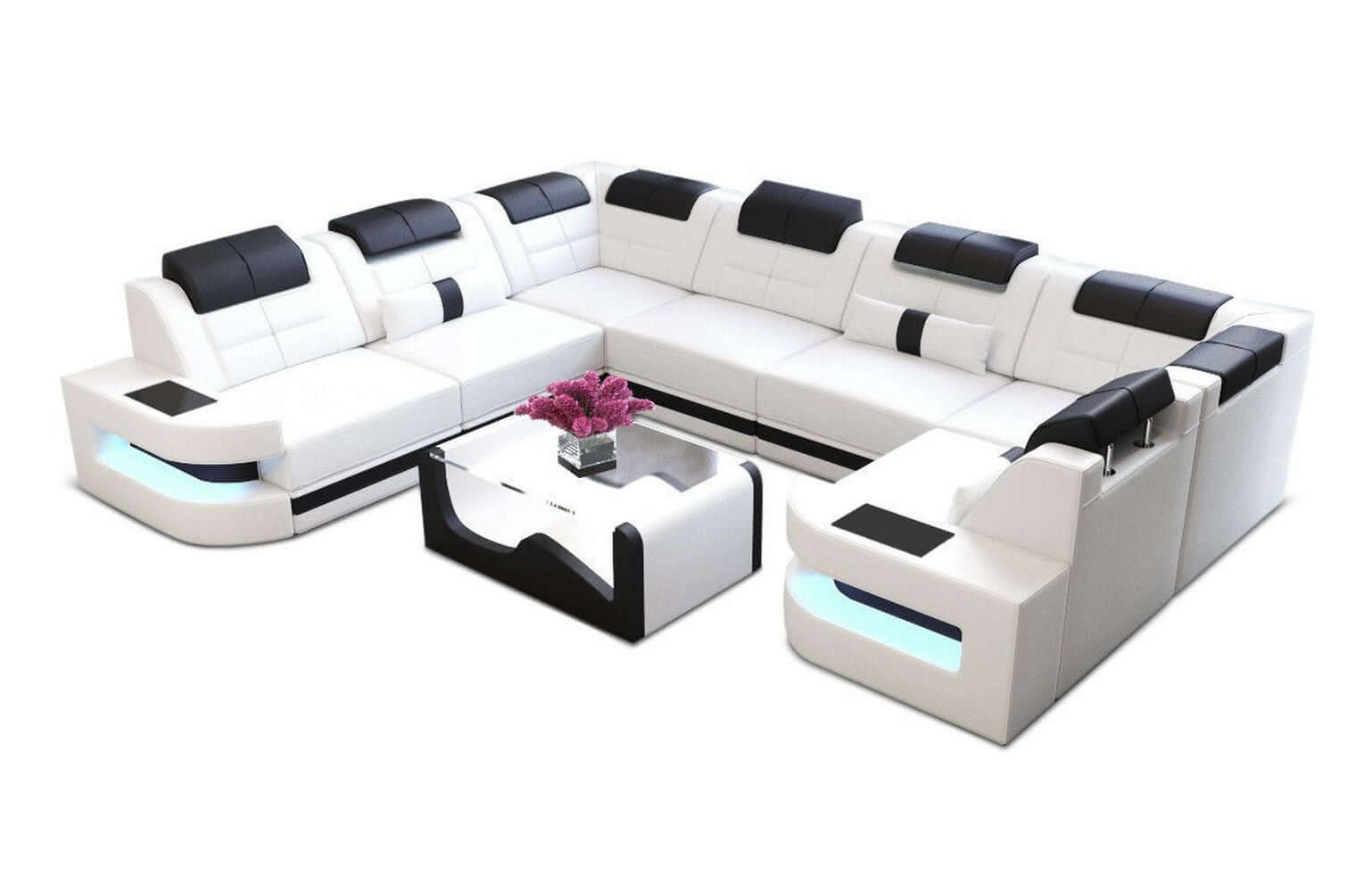 Mini Wohnlandschaft Como U-Form in Leder Weiß-Schwarz