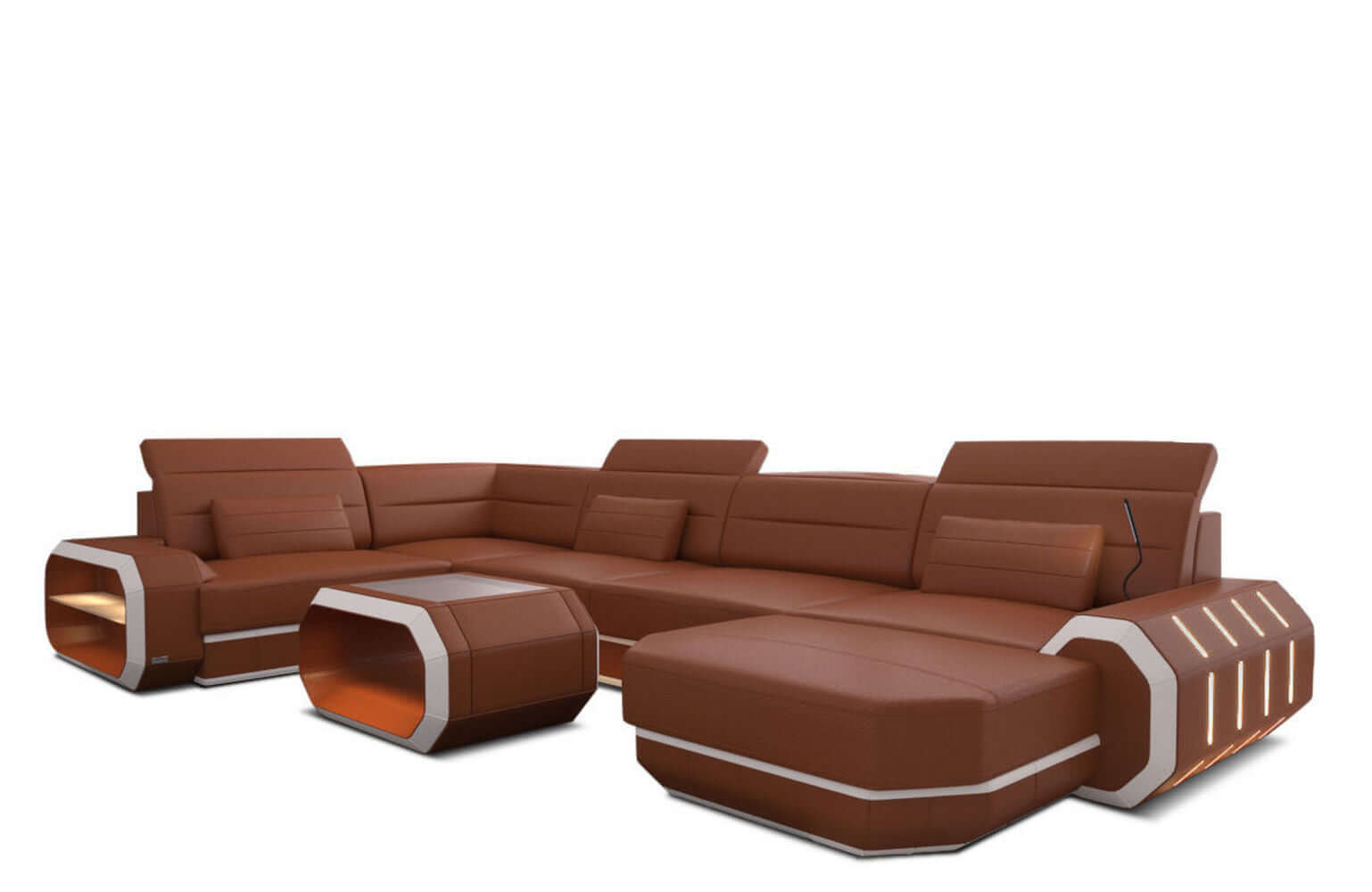 Mini XL Wohnlandschaft Roma U-Form mit LED-Beleuchtung Hellbraun-Weiß