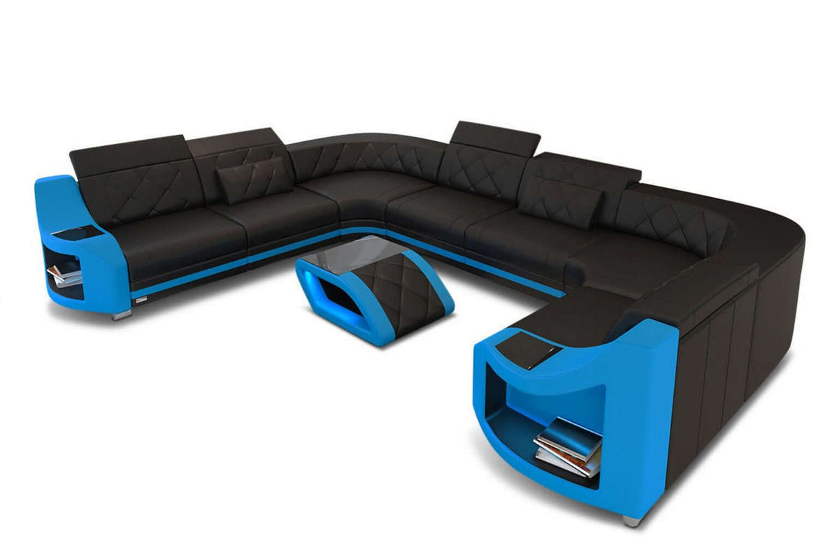 Designsofa Genua U-Form aus Leder schwarz-blau