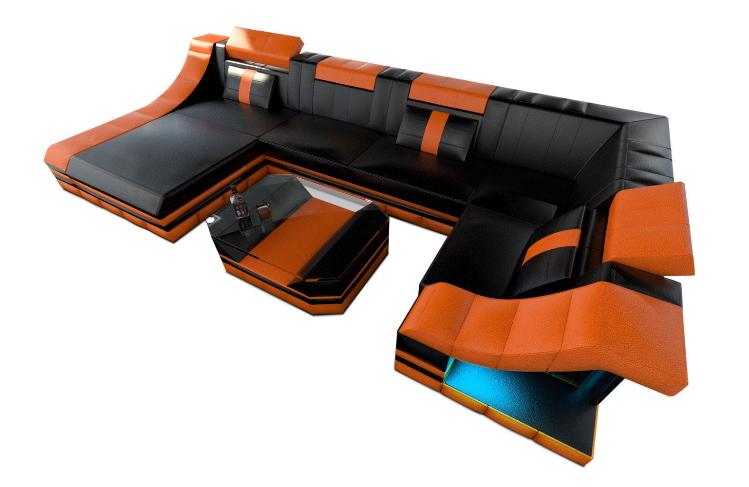 Moderne Wohnlandschaft Turino U-Form mit LED schwarz-orange