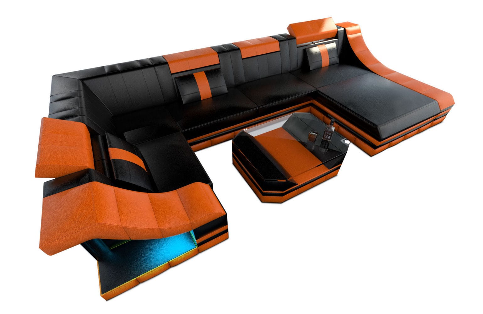 Moderne Wohnlandschaft Turino U-Form mit LED schwarz-orange