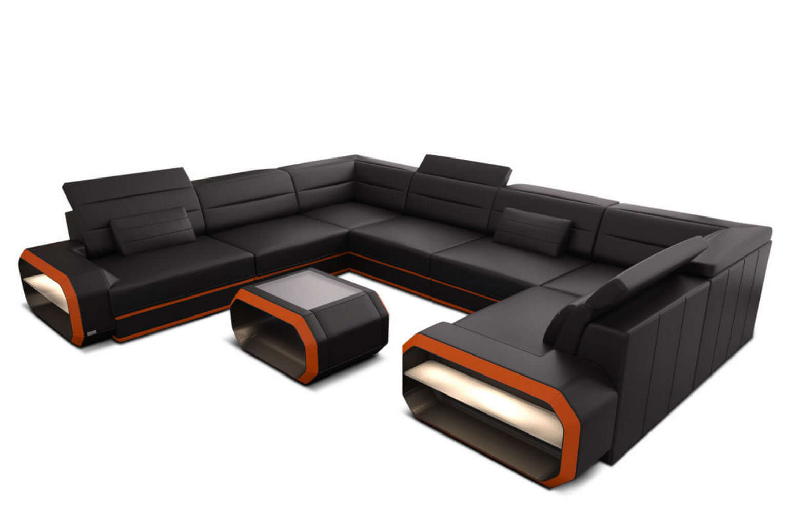 Leder Wohnlandschaft Verona U-Form Mini Schwarz-Orange