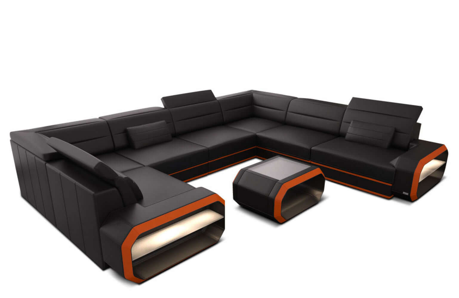 Leder Wohnlandschaft Verona U-Form Mini Schwarz-Orange