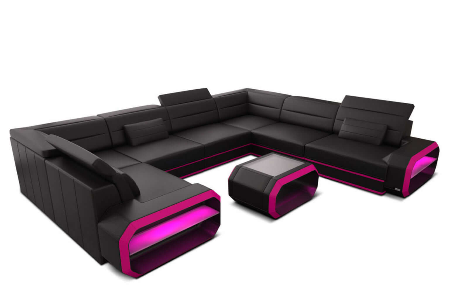 Leder Wohnlandschaft Verona U-Form Mini Schwarz-Pink