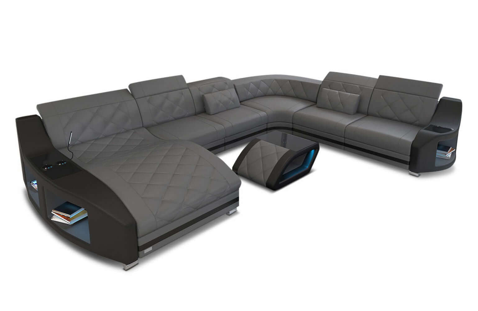 Mini Wohnlandschaft Swing XXL U-Form in Leder Grau-Schwarz