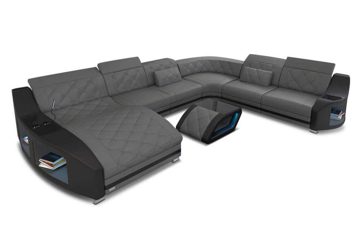 XXL Wohnlandschaft Swing U-Form aus Leder grau-schwarz