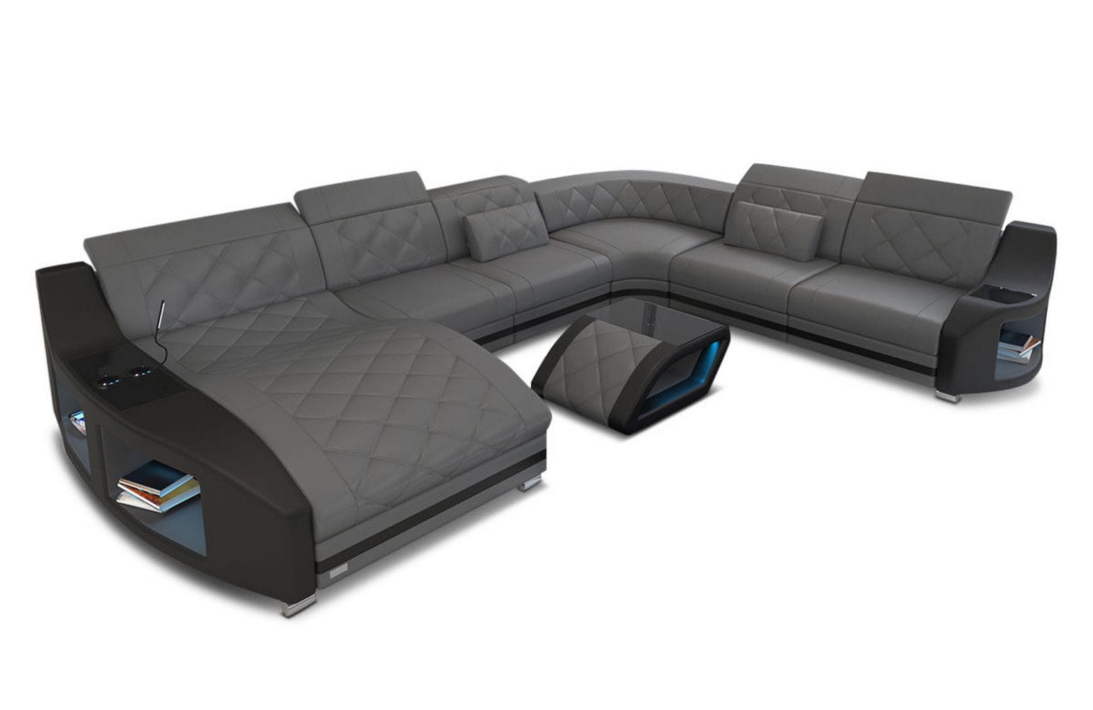 XXL Wohnlandschaft Swing U-Form aus Leder grau-schwarz