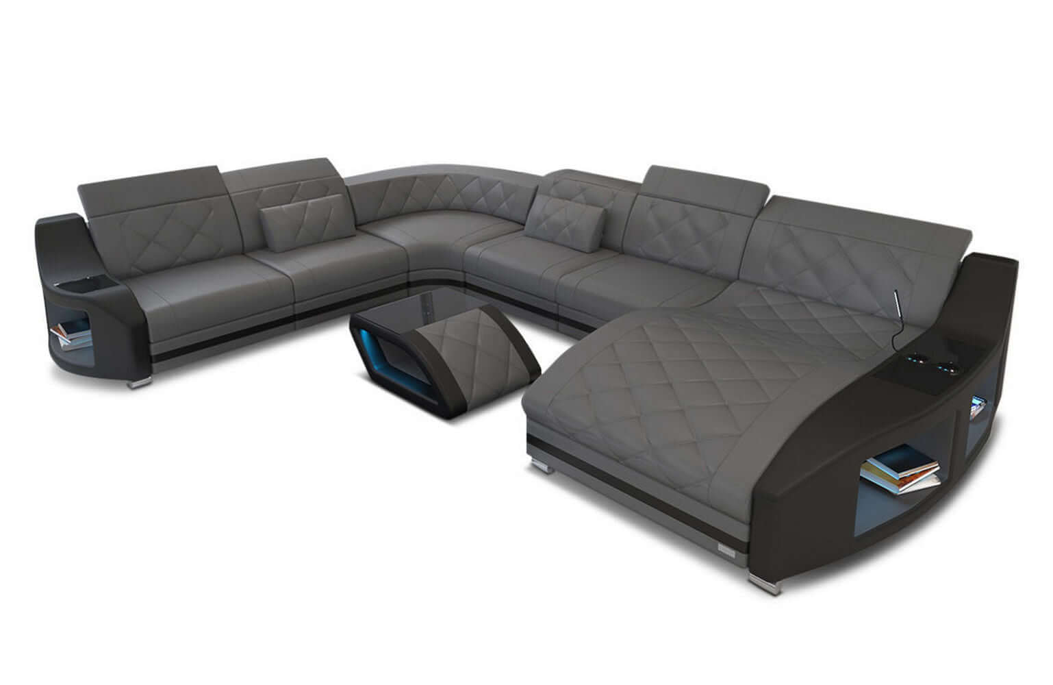 Mini Wohnlandschaft Swing XXL U-Form in Leder grau-schwarz