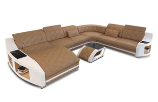 Mini Leder Wohnlandschaft Swing XXL – Komfort & Stil in Kunstleder und der Farbe Sandbeige und Weiß - Ausrichtung links