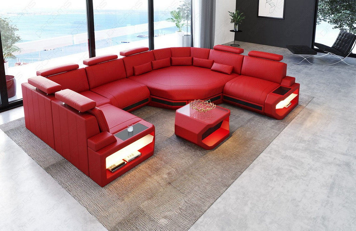 Sofa Wohnlandschaft Asti U-Form Mini Kunstleder Rot-Schwarz mit USB-Anschluss