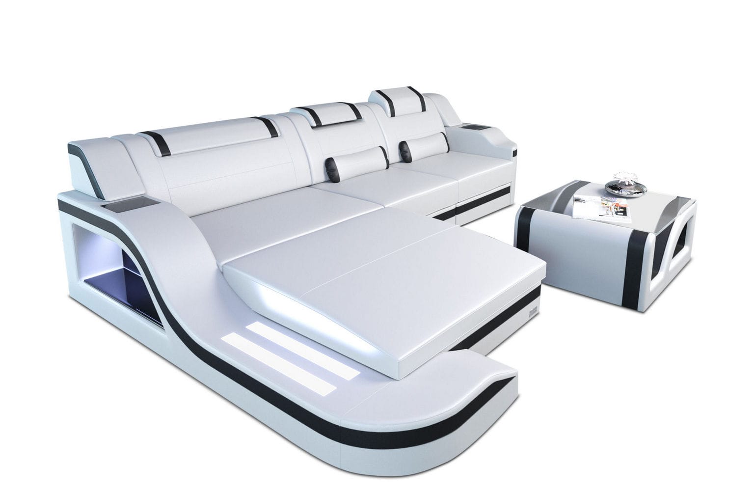 Design Ledersofa Palermo L-Form mit LED weiß-schwarz