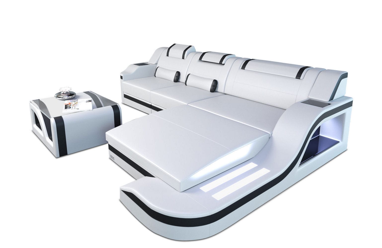 Design Ledersofa Palermo L-Form mit LED weiß-schwarz