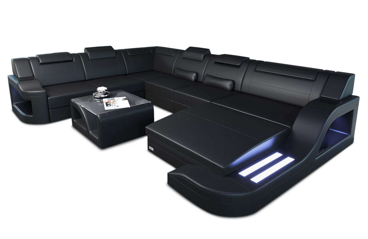 Mini XL Wohnlandschaft Palermo U-Form in Leder Schwarz