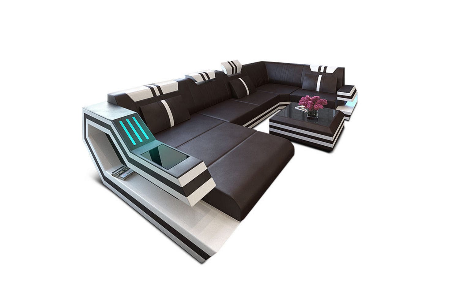 Ledersofa Wohnlandschaft Ravenna U-Form LED dunkelbraun-weiß