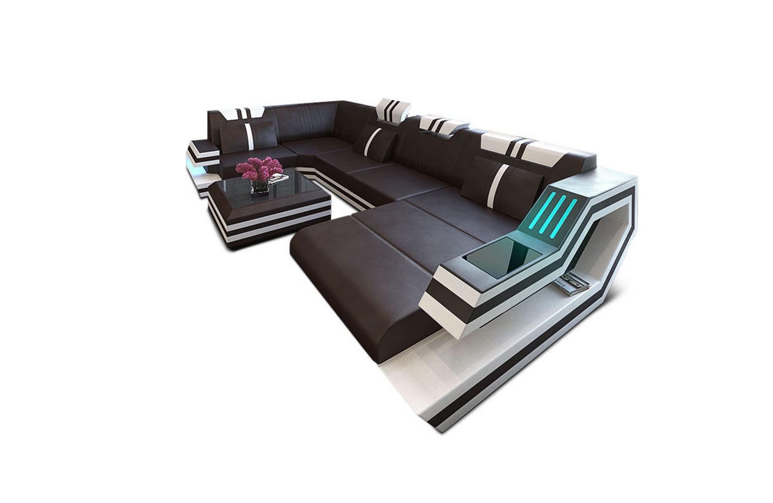 Ledersofa Wohnlandschaft Ravenna U-Form LED dunkelbraun-weiß