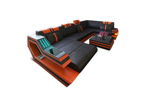 Ledersofa Wohnlandschaft Ravenna U-Form LED in Kunstleder und der Farbe Schwarz und Orange - Ausrichtung links