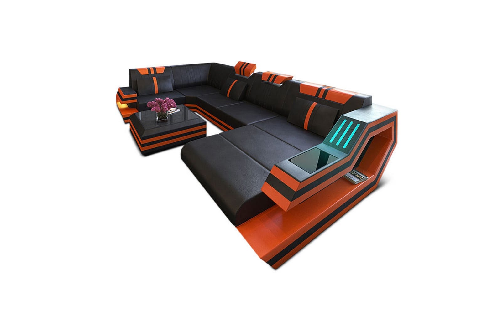 Ledersofa Wohnlandschaft Ravenna U-Form LED schwarz-orange