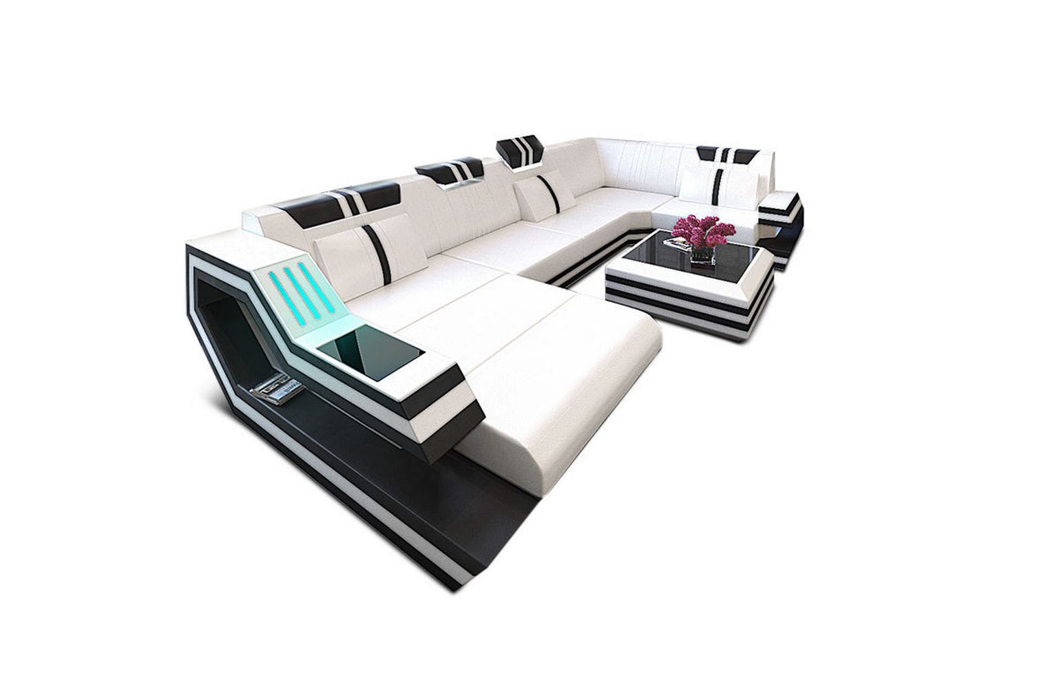 Ledersofa Wohnlandschaft Ravenna U-Form LED weiß-schwarz