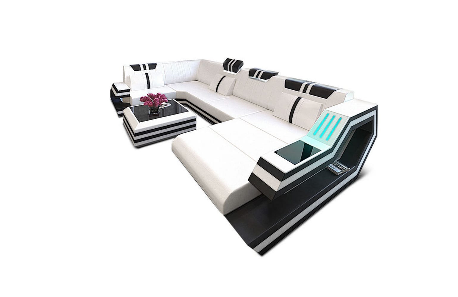 Ledersofa Wohnlandschaft Ravenna U-Form LED weiß-schwarz