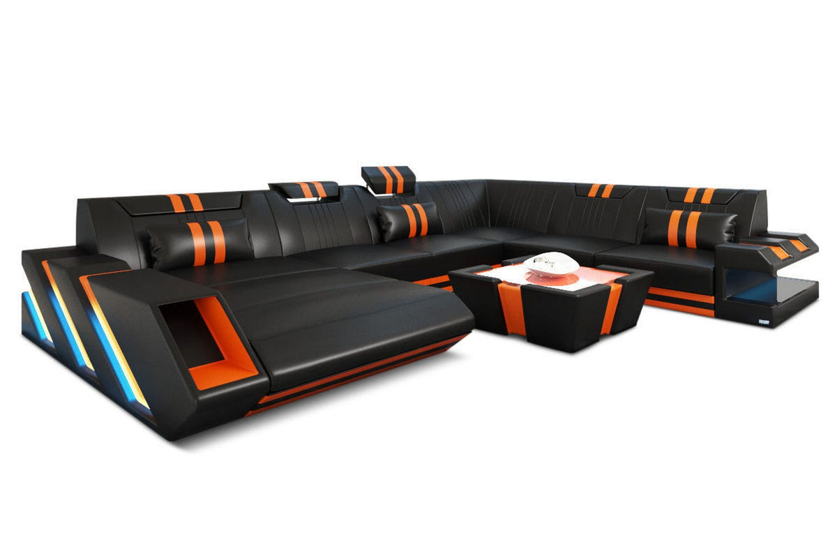 XXL Wohnlandschaft Apollonia U-Form aus Leder schwarz-orange