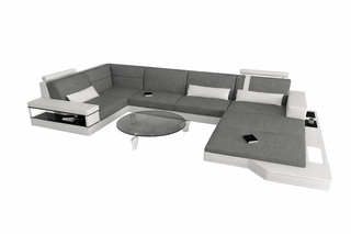 Stoff-Wohnlandschaft Messana U-Form Materialmix in Strukturstoff und der Farbe Grau und Weiß - Ausrichtung rechts