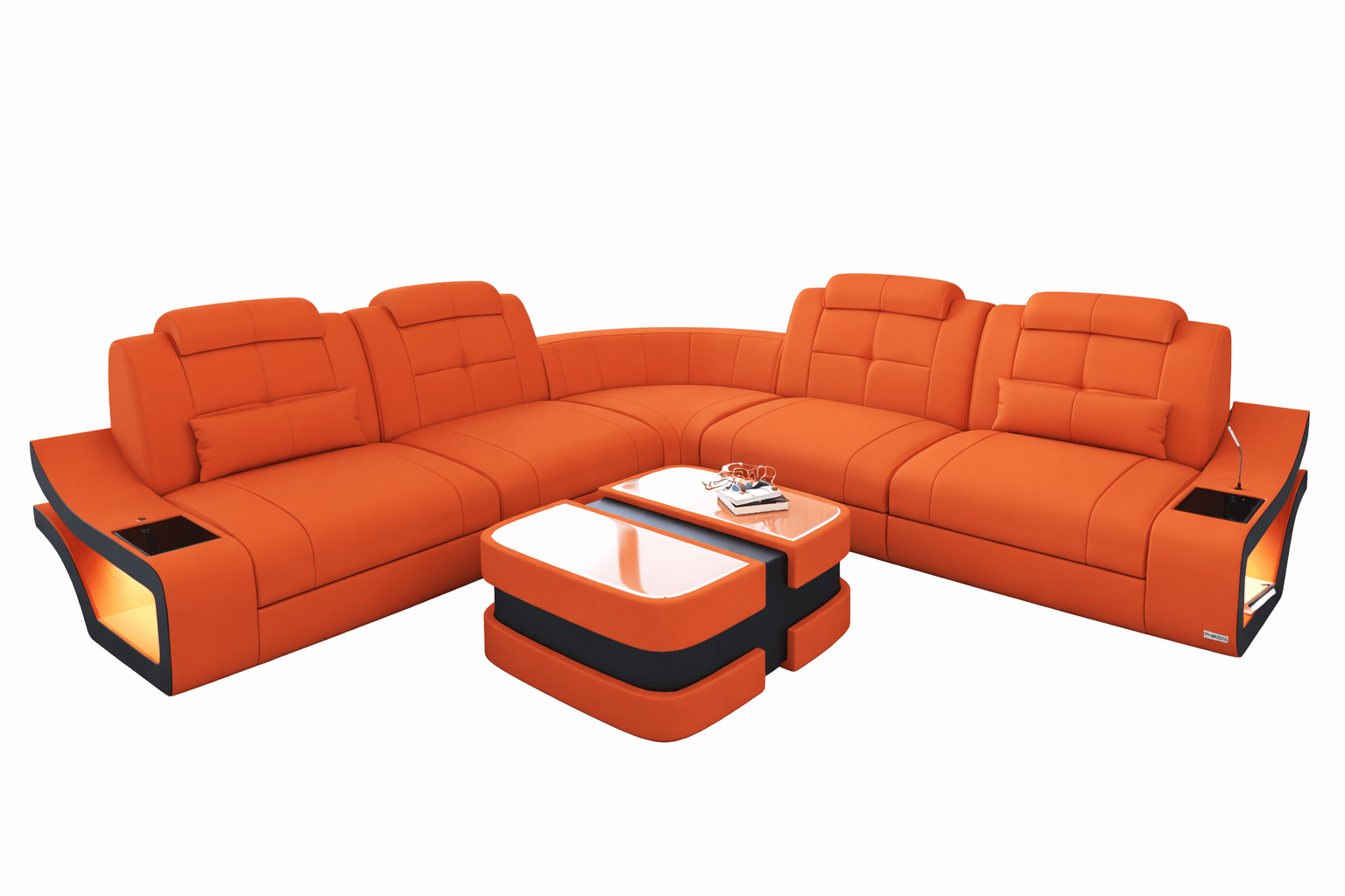 Couch Elena Lang L-Form in Stoff Orange-Schwarz