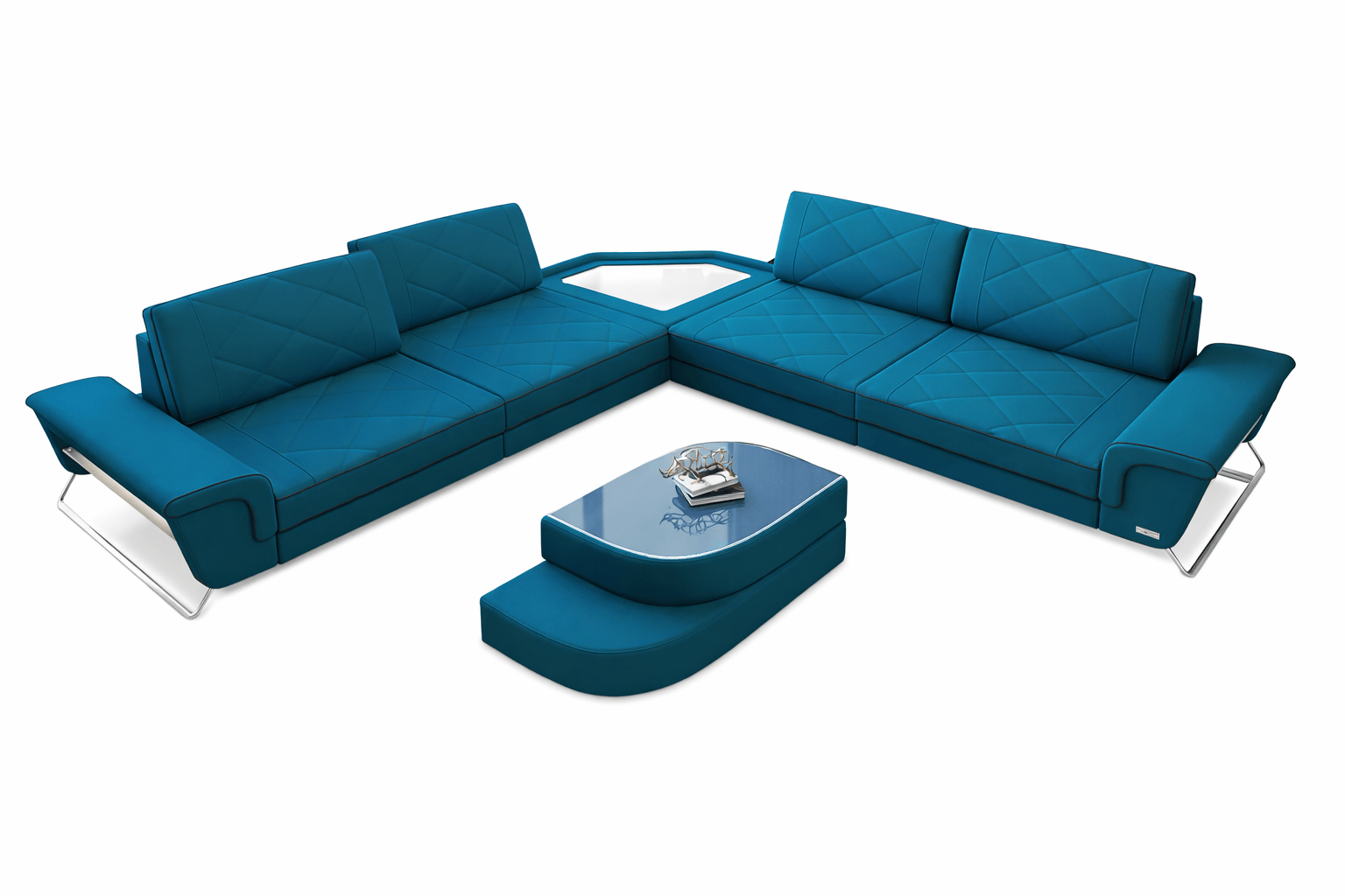 Polster Ecksofa Sepino L-Form in Mikrofaserstoff und der Farbe Azurblau und Schwarz