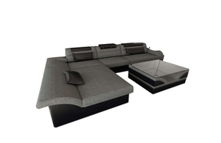 Stoff-Couch Monza L-Form mit LED-Beleuchtung in Strukturstoff und der Farbe Grau und Schwarz - Ausrichtung links