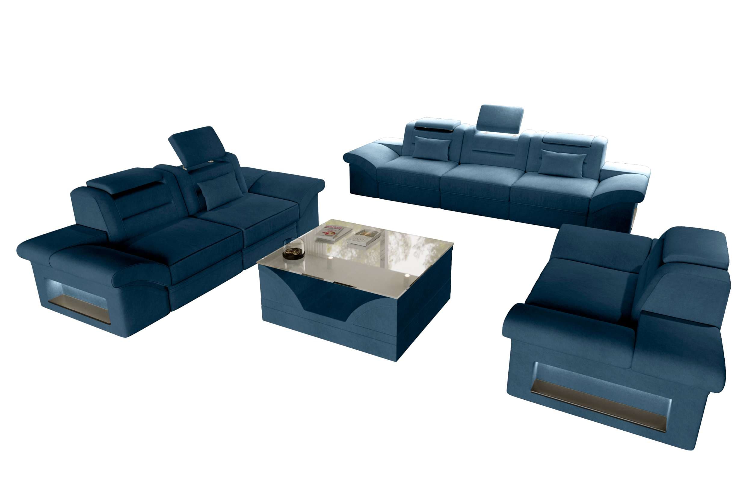 Polster-Sofagarnitur Monza, 3-Sitzer, 2-Sitzer und Sessel Blau