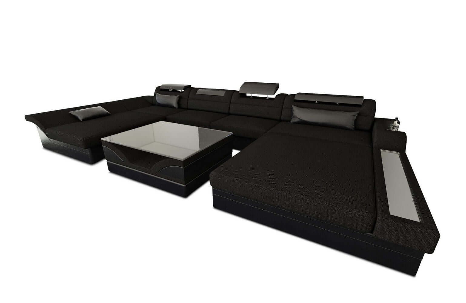 Stoff-Wohnlandschaft Monza LED U-Form Schwarz-Schwarz