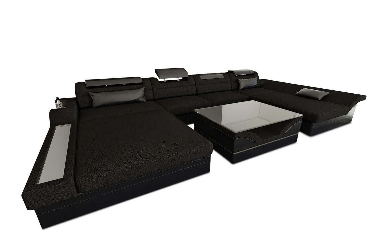 Stoff-Wohnlandschaft Monza LED U-Form Schwarz-Schwarz