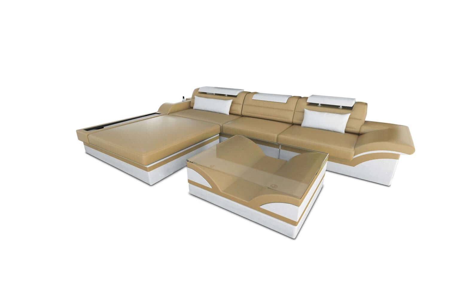 Mini Designer Ledersofa Parma L-Form Sandbeige-Weiß