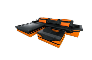 Designer Ledersofa Parma L-Form mit LED in Kunstleder und der Farbe Schwarz und Orange - Ausrichtung links