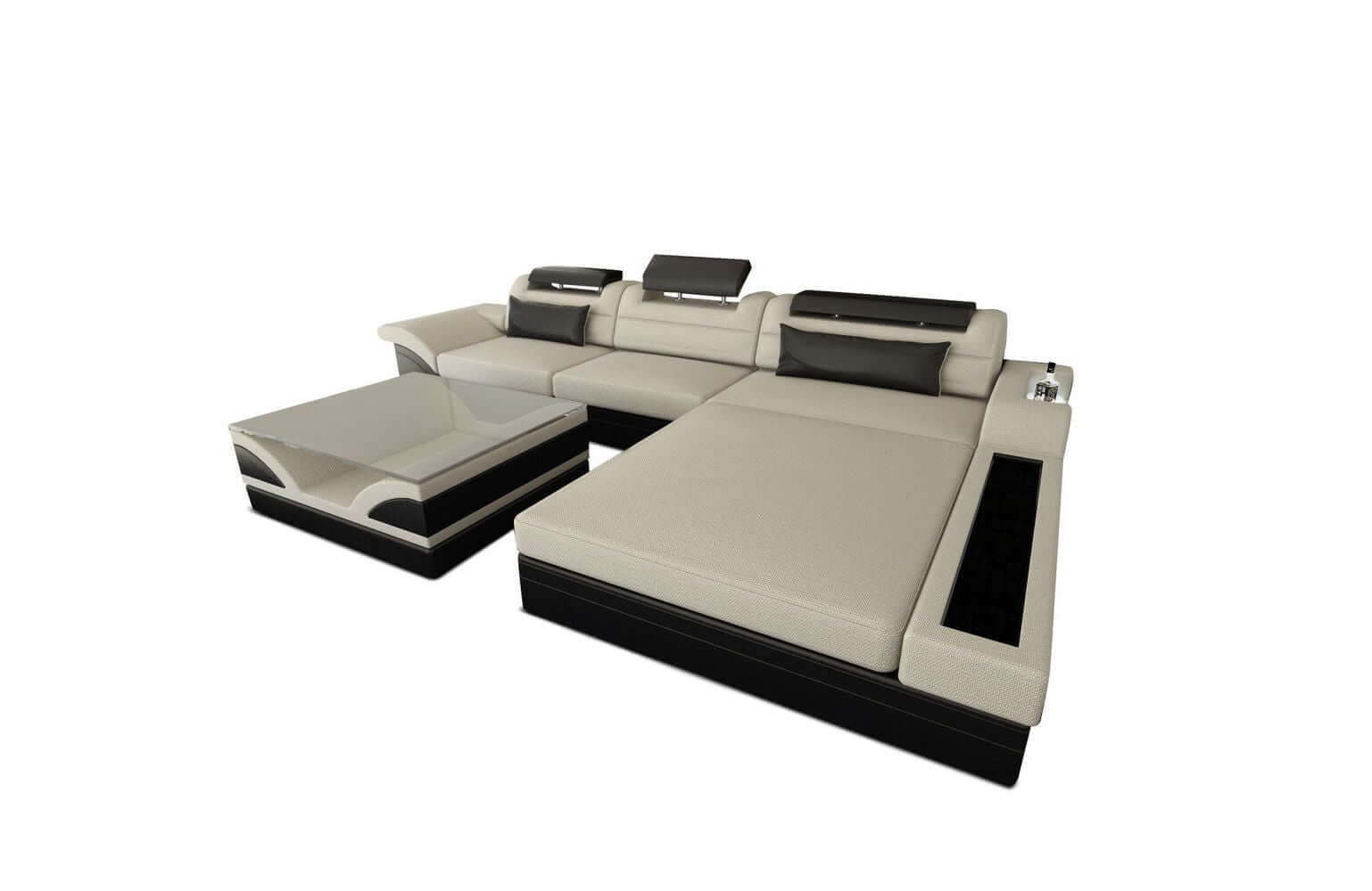 Design Stoffcouch Parma L Form mit LED-Beleuchtung Elfenbein-Schwarz