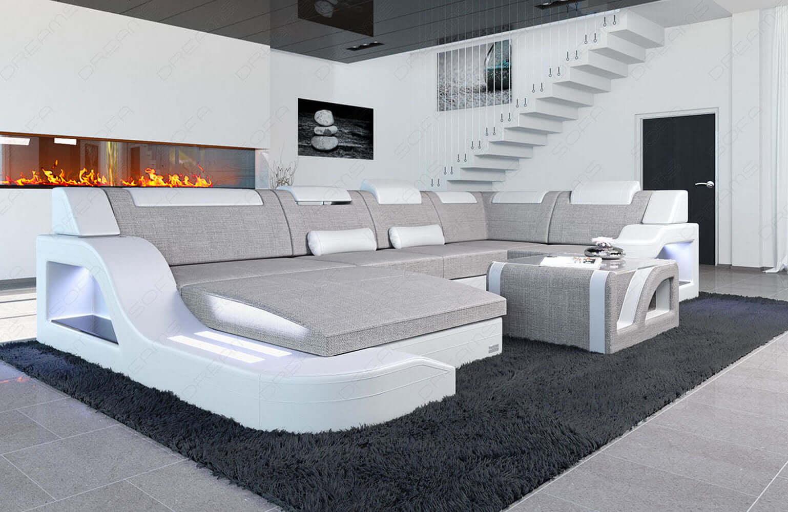 New Look Stoff-Wohnlandschaft Palermo LED Dunkelbraun-Weiß