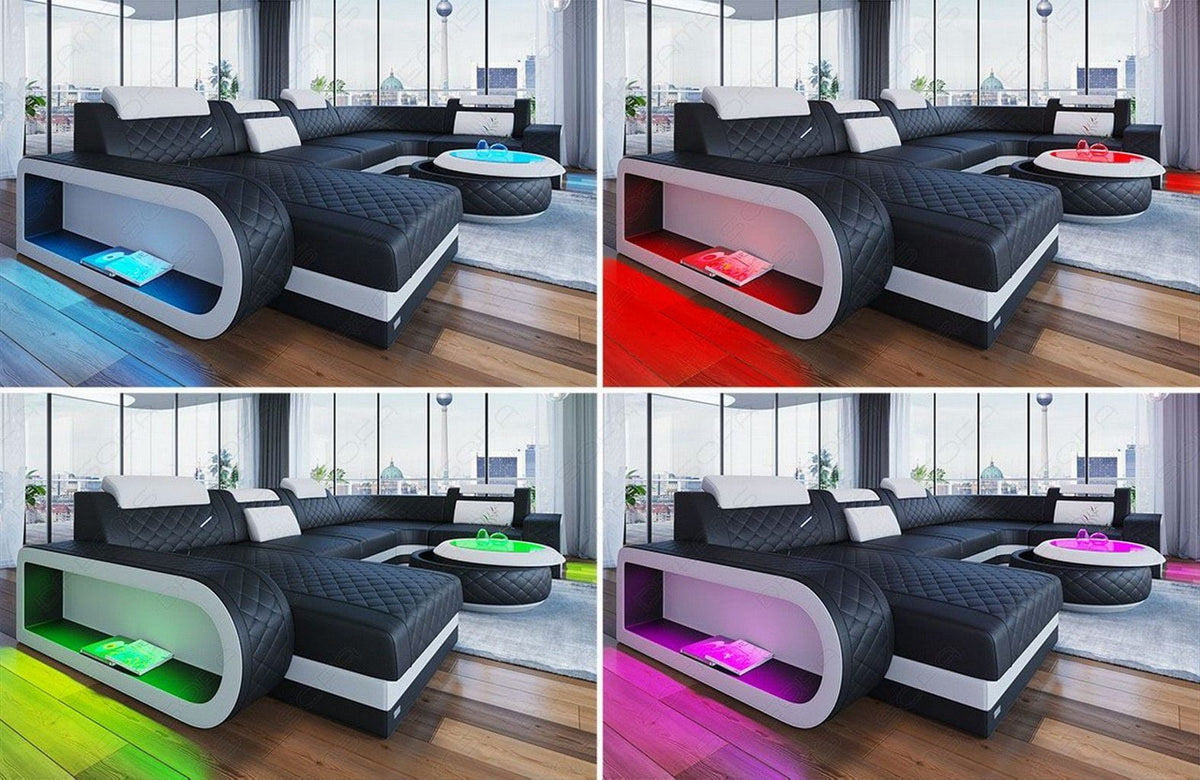 Sofa Wohnlandschaft Berlin U-Form Kunstleder Sandbeige-Dunkelbraun mit USB-Anschluss.