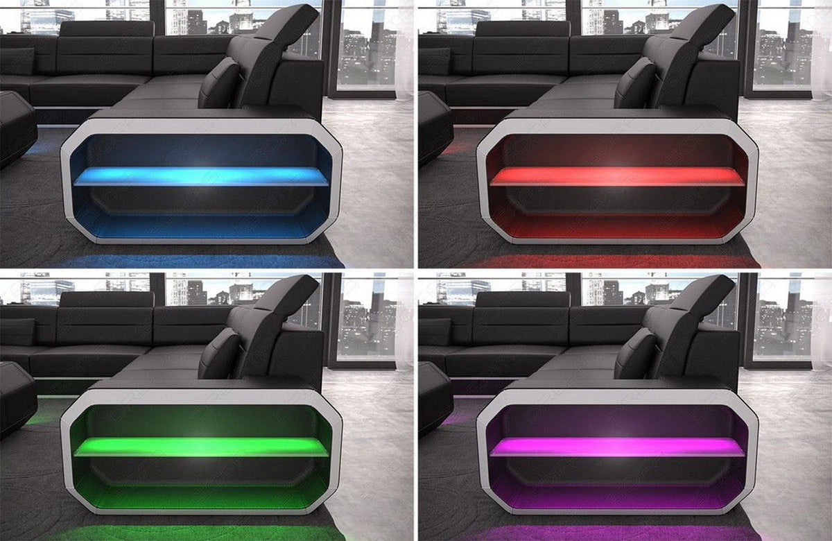 Sofa Verona U-Form Kunstleder Grau-Weiß mit 2x USB-Anschluss, Schlaffunktion und Couchtisch Roma mit LED
