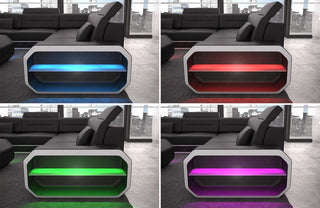 Sofa Verona U-Form Kunstleder Grau-Weiß mit 2x USB-Anschluss, Schlaffunktion und Couchtisch Roma mit LED