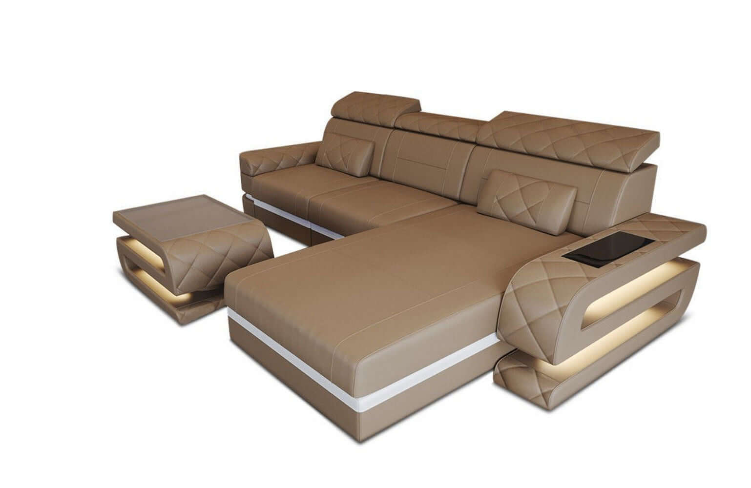 Mini Couch Bologna L-Form in Leder Sandbeige-Weiß