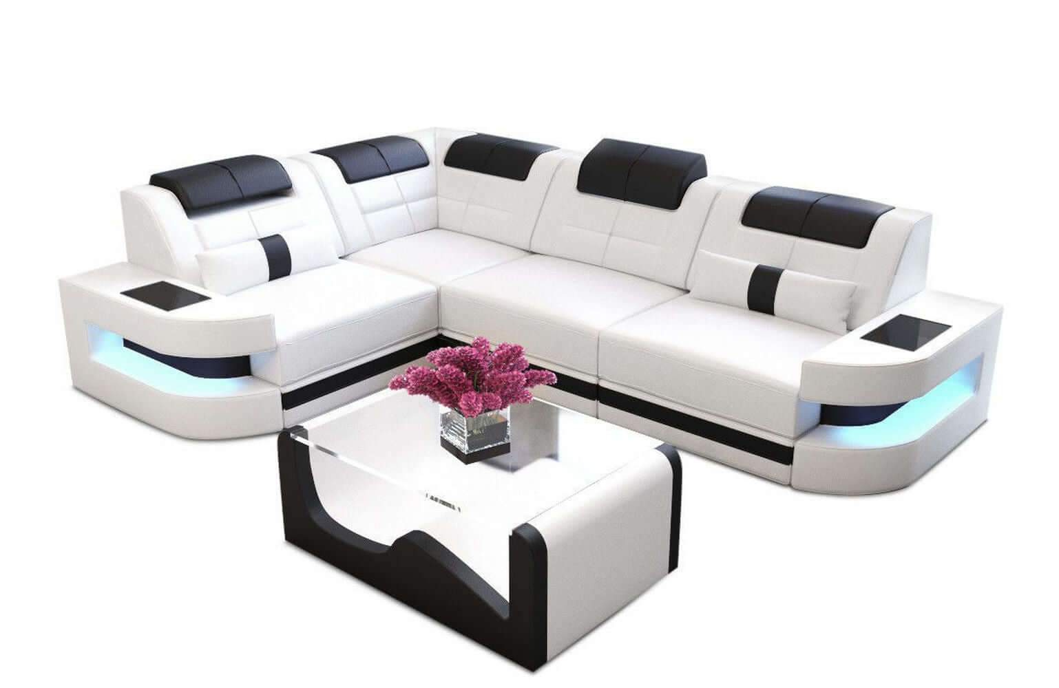 Mini Couch Como L Form in Leder weiß-schwarz