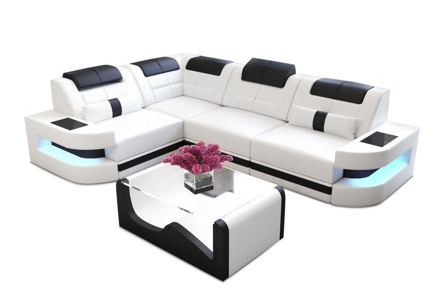 Designersofa Como L-Form – Leder & Luxus weiß-schwarz