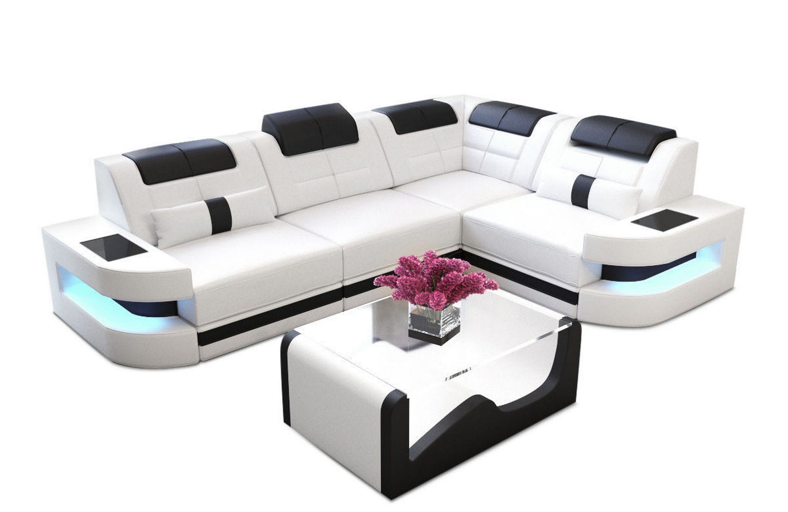 Designersofa Como L-Form – Leder & Luxus weiß-schwarz