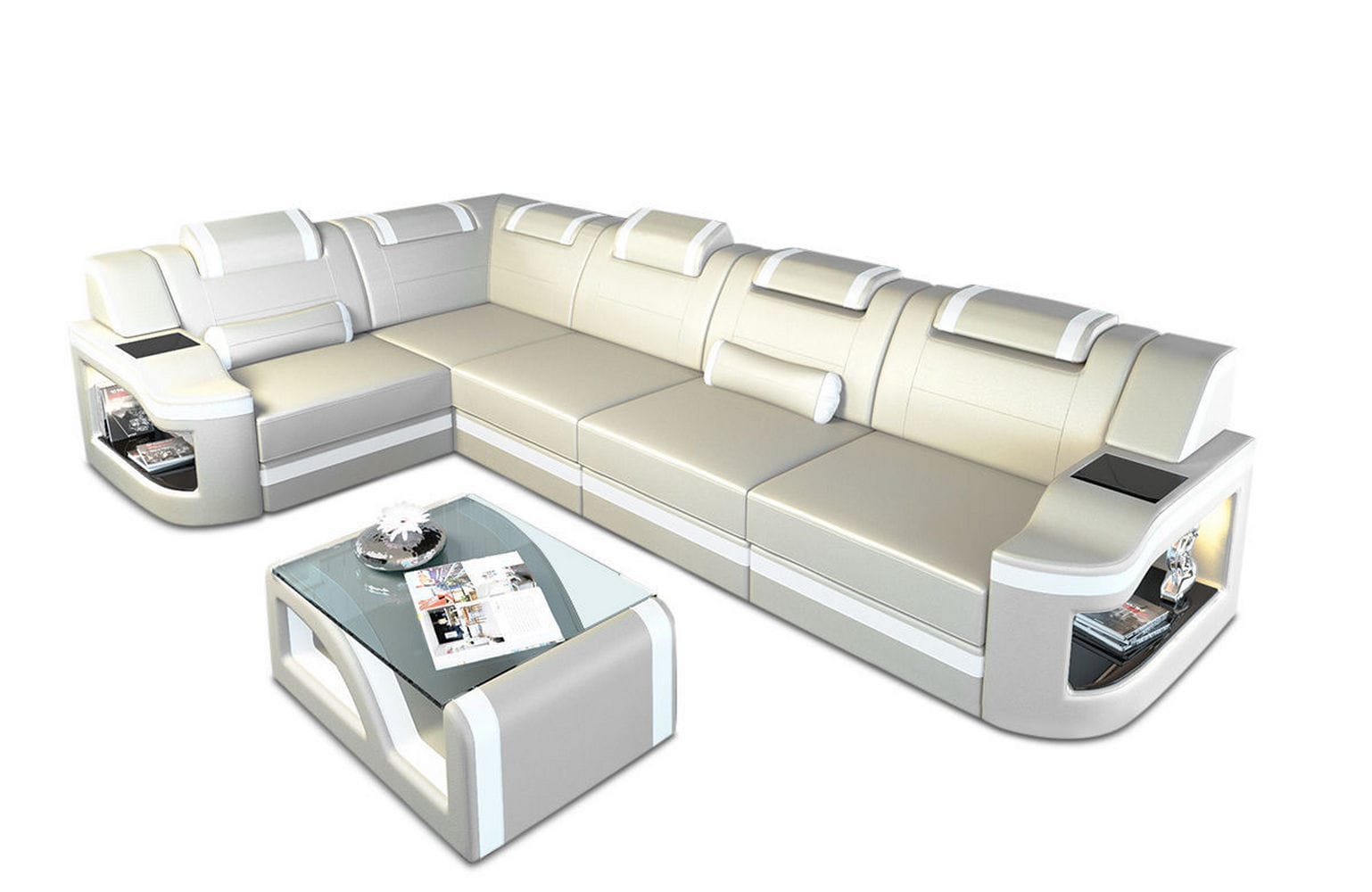 Leder Ecksofa Padua L Form mit LED Beleuchtung beige-weiß