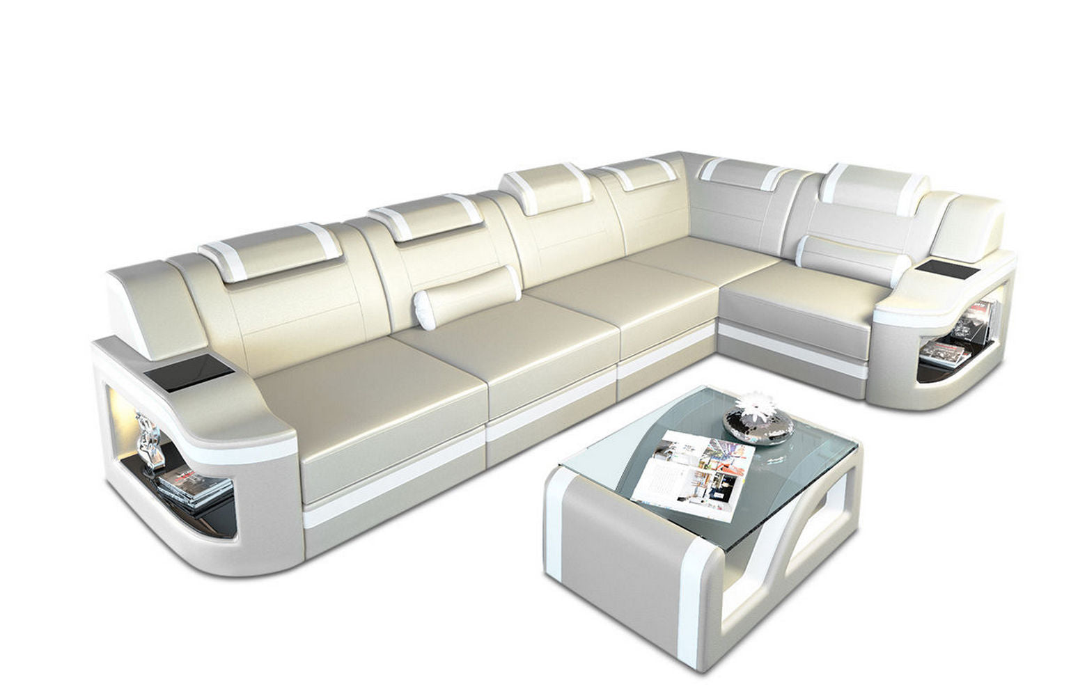 Mini Leder Ecksofa Padua L-Form Beige-Weiß