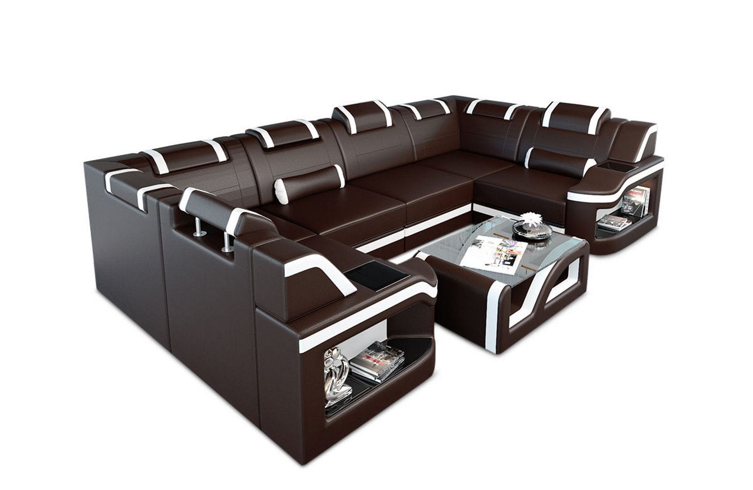 Leder Wohnlandschaft Padua U – Elegantes Sofa dunkelbraun-weiß