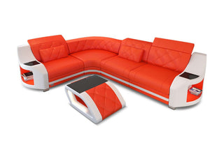 Mini Leder Ecksofa Genua – Stilvoll und Komfortabel in Kunstleder und der Farbe Orange und Weiß - Ausrichtung links